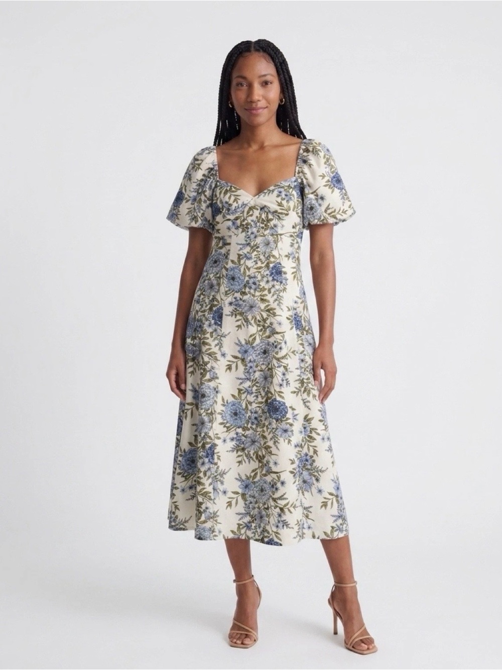 Avec Les Filles Twist Bodice Midi Dress, Blue Garden Trellis, True to Size 8